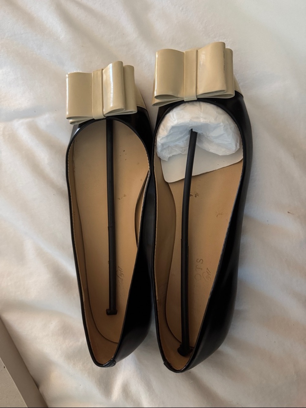 Talbots Black Flats with Cream Bow Accents
